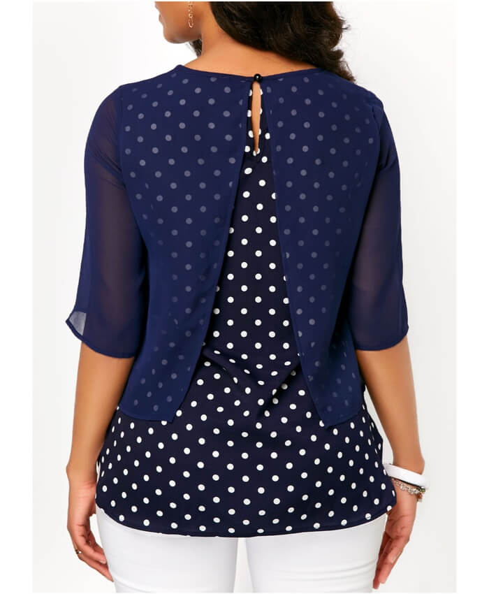 Half Sleeve Navy Mesh Overlay Polka Dot Blouse